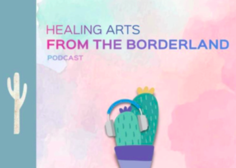 This graphic is a pink and blue pastel colored background. There is a cactus with headphones on and the words above read, "Healing Arts From The Borderland Podcast"