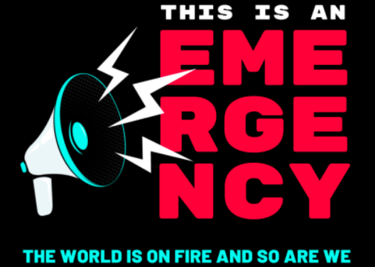 Sound waves bounce off a blue and white megaphone towards the words, "This is an emergency. The world is on fire and so are we"